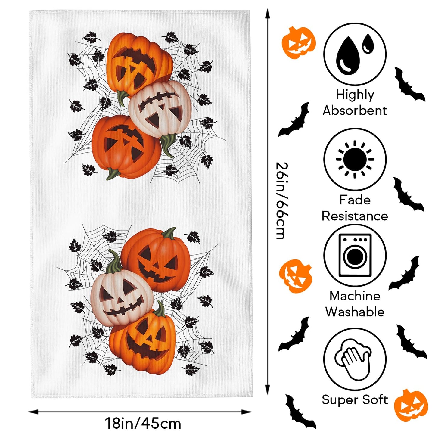 FJTP Happy Halloween Kitchen Towels 18 x 26 Inch Pumpkin Ghosts Bat Spider Web Dish Towel Ultra Absorbent Hand Drying Tea Towel for Kitchen Bathroom Party Halloween Decorations Set of 2