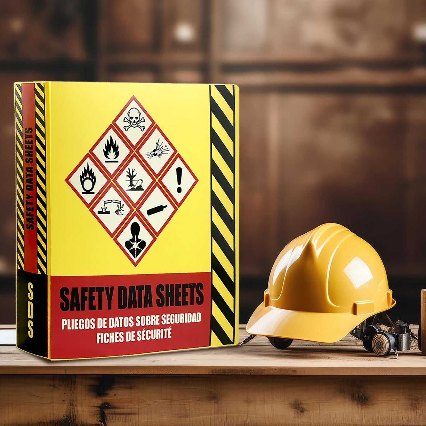 Ring Binder Depot SDS Binder, Heavy Duty 3 Ring Binder with 1.5 in Capacity Holds 250 Pages, Trilingual with EnglishSpanishFrench, Durable and Highly Visible Safety Data Sheets, Yellow