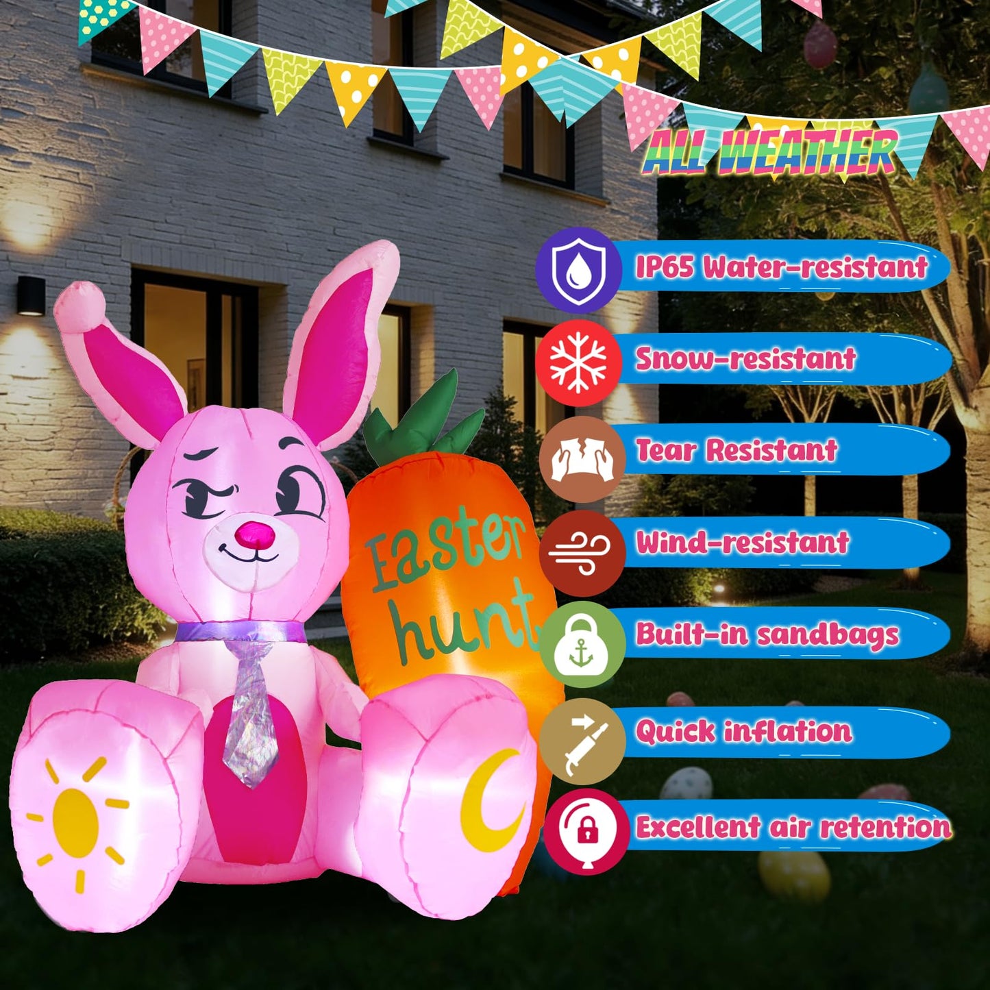 5.15FT Easter Inflatable Bunny Outdoor Decorations, Pink Rabbit with Orange Carrot, Built-in LED Lights and Anchor Kit, Blow Up Yard Decor for Garden, Lawn, Patio, Easter Egg Hunt Party
