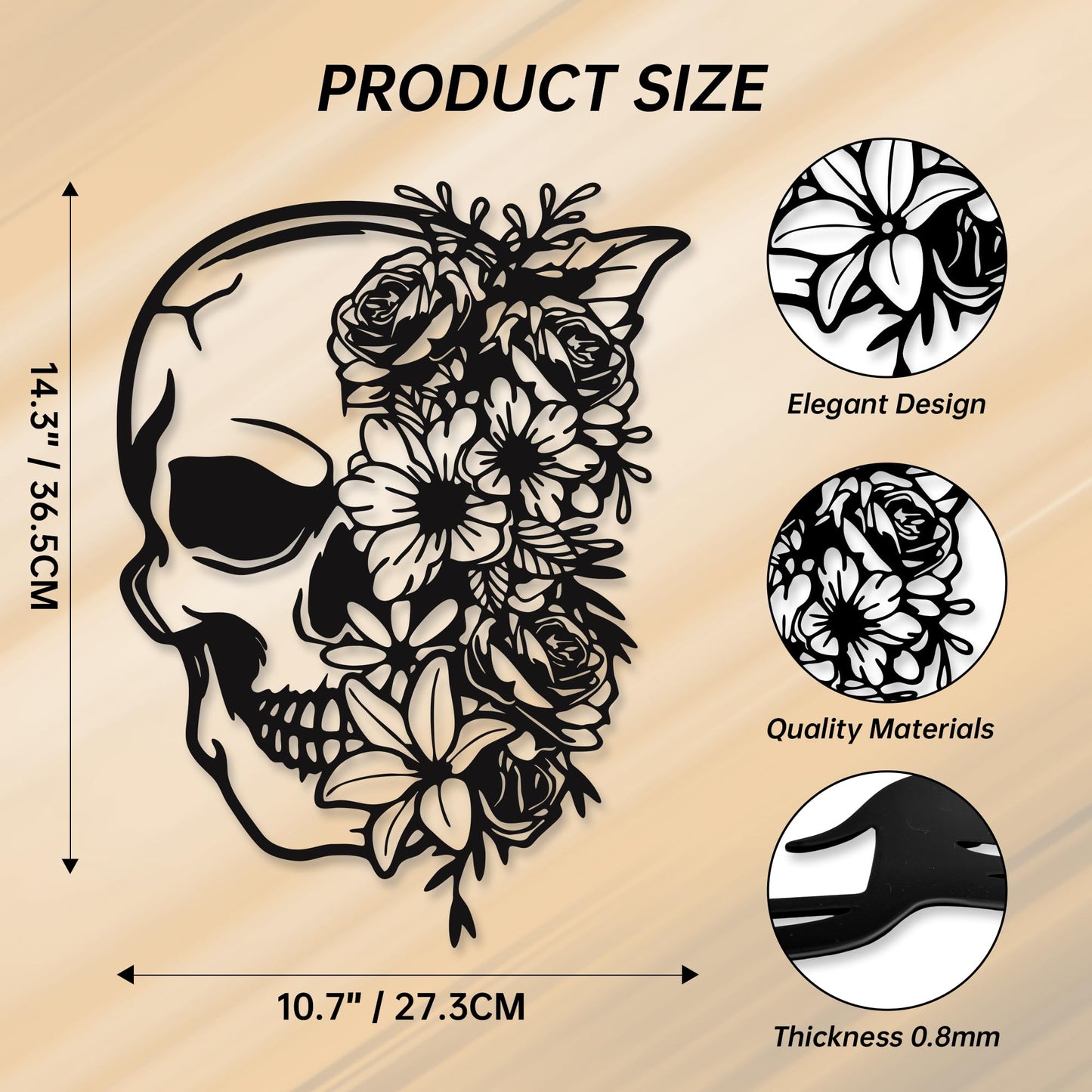 Rajukit Skull Wall Decor with Floral Accents - Gothic Wall Art 3D Metal Sculpture for Home, Halloween Decorations Outdoor & Goth Room Decor - Skeleton Eclectic Wall Art（14.4''x10.7''）