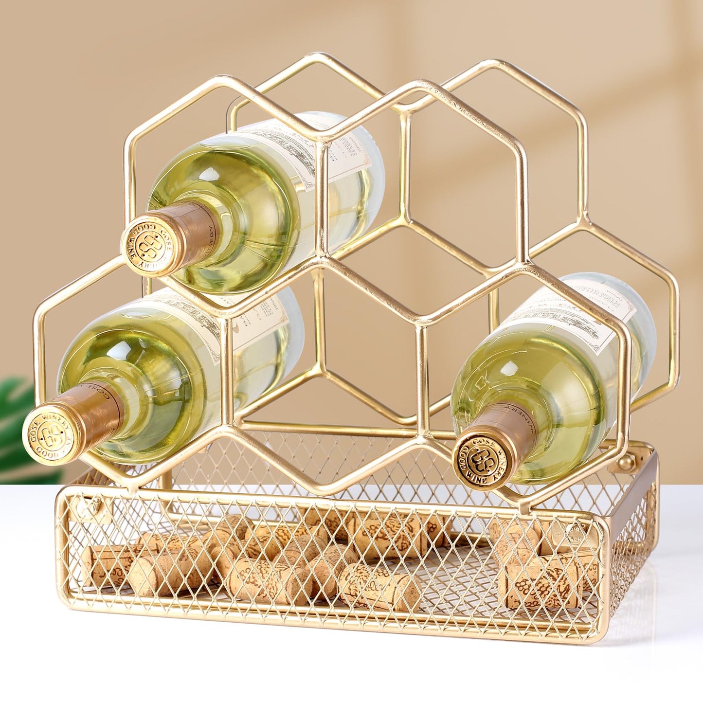 Drincarier Countertop Wine Rack - 6 Bottle with Cork Storage Freestanding Modern Gold Metal Wine Rack - Tabletop Wine Holder Stand for Cabinet, Pantry, Wine Bottle Storage…
