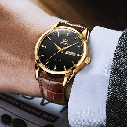 QBAIZI Mens Gold Watches Brown Leather Band Analog Dress Wristwatch for Men Black Face Luxury Male Watch with Day Date Easy to Read Vintage Men's Wrist Watches Waterproof Luminous Reloj para Hombre
