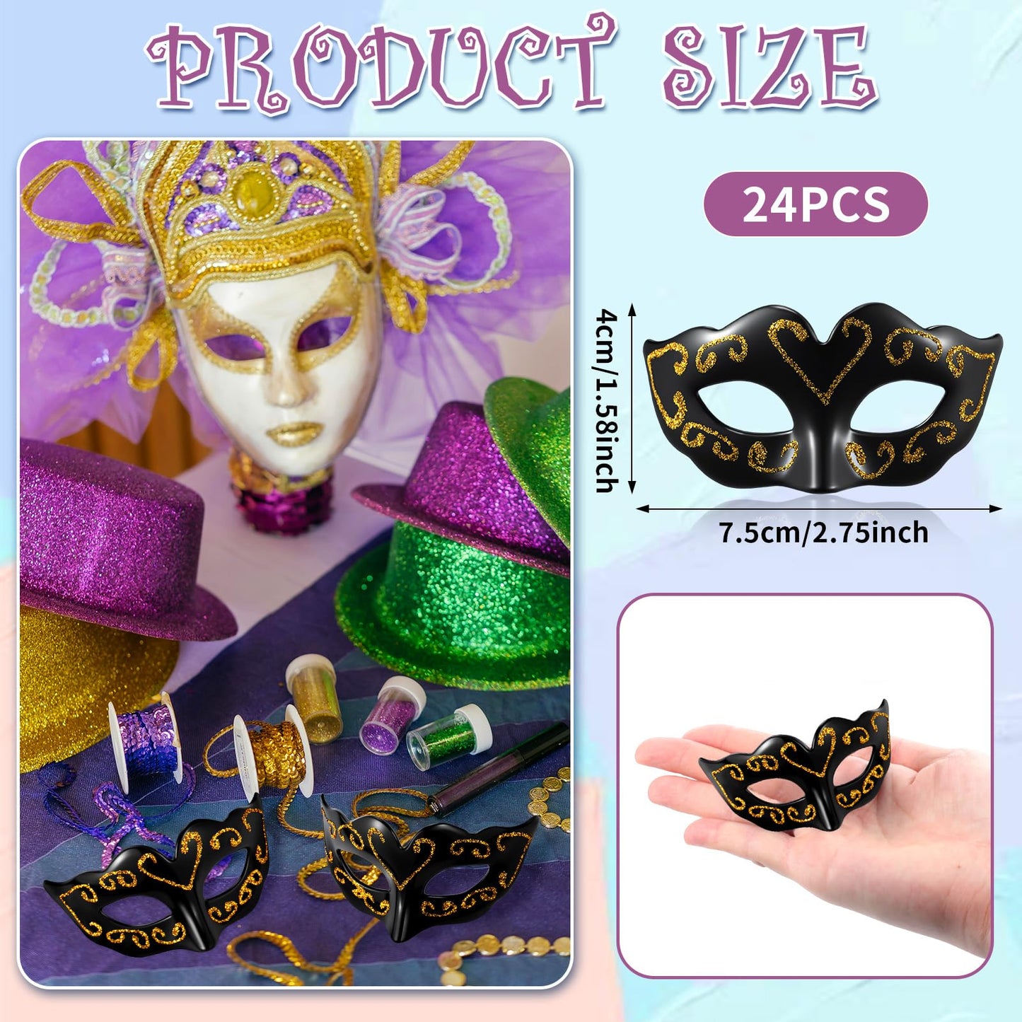 Vinsot 24 Pcs Black 24/48 Pcs Mini Mask Masquerade Small Masquerade Mask Party Decor Decorative Cake Topper Venetian Centerpiece Decor