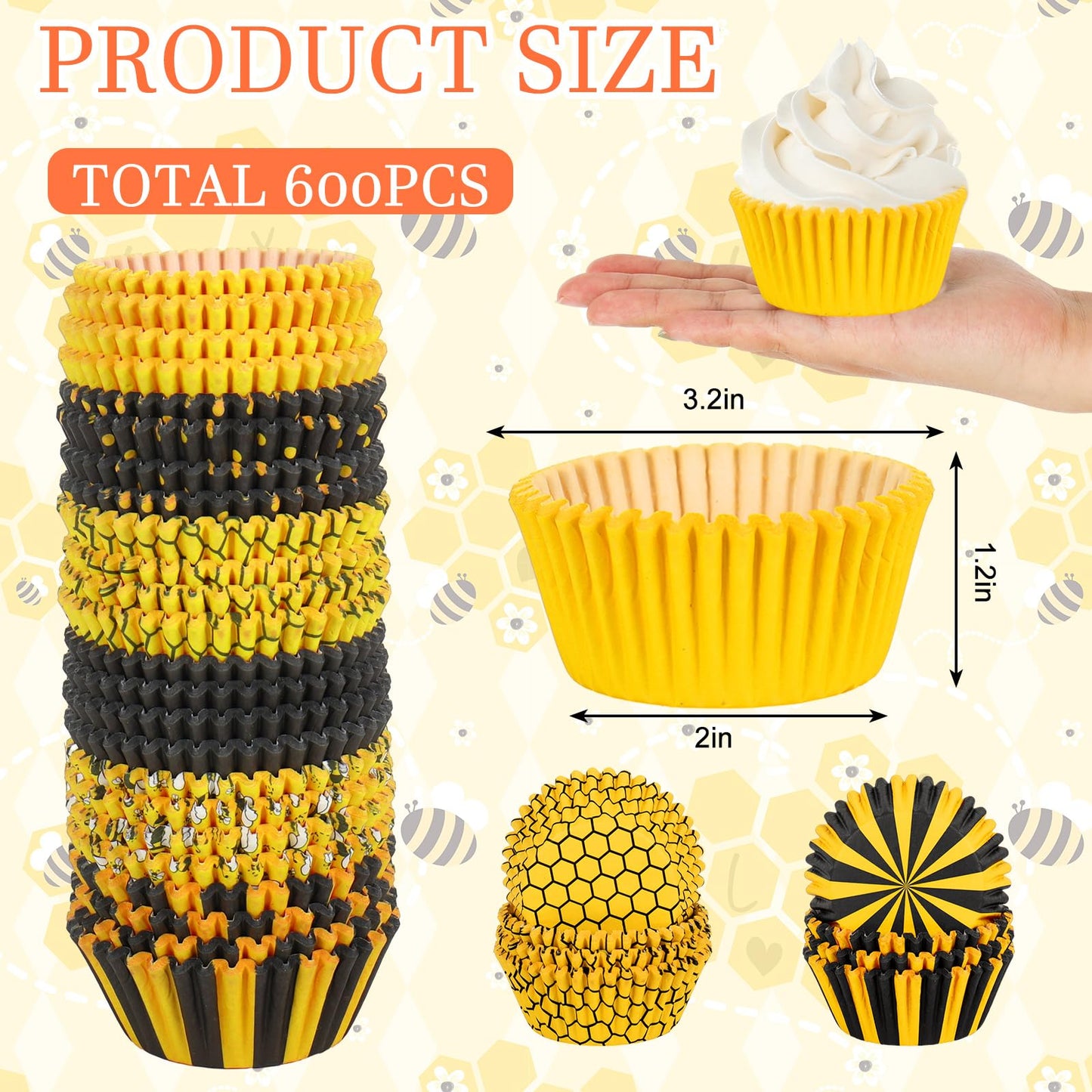 JarThenaAMCS 600Pcs Summer Honey Bee Cupcake Liner Honeycomb Stripe Paper Baking Cup Yellow Black Muffin Wrappers Cake Storage Container for Party DIY Craft, 2 x 1.2 Inch