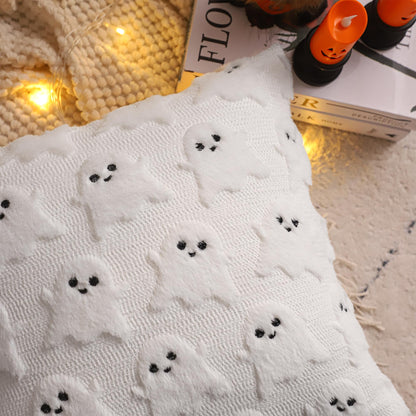 LUOYEHK Halloween Pillow Covers 16x16 Set of 2 White Ghost Decorative Pillow Cases Holiday Soft Plush Faux Fur Cushion Covers for Couch Sofa Bed