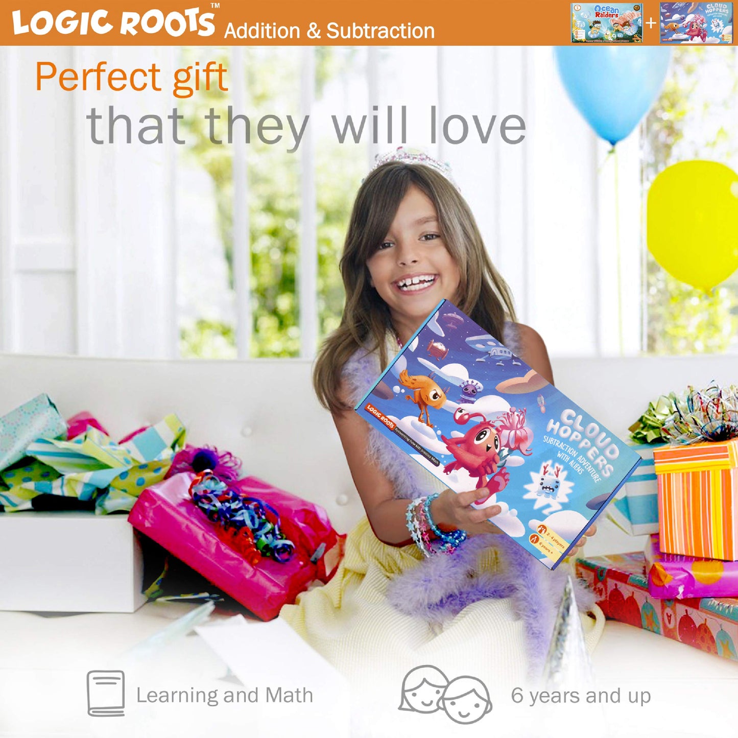 Logic Roots Addition and Subtraction Game - Fun Math Board Game for 6-8 Year Olds, Easy to Play Educational Game for Kids at Home, STEM Toy Gift for Girls & Boys (Ocean Raiders + Cloud Hoppers)