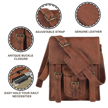 Leather crossbody bag messenger satchel tablet bag 11 inches for men and women (Brown)