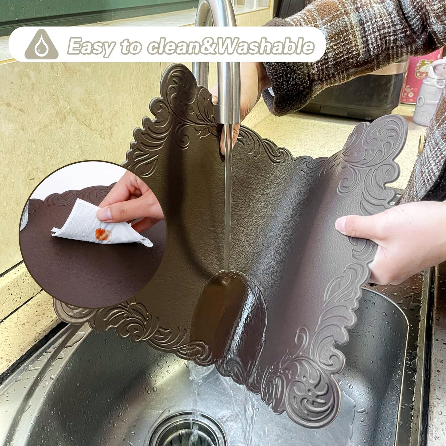 Royannie Placemats Indoor Set of 6,Brown Faux Leather Embossing