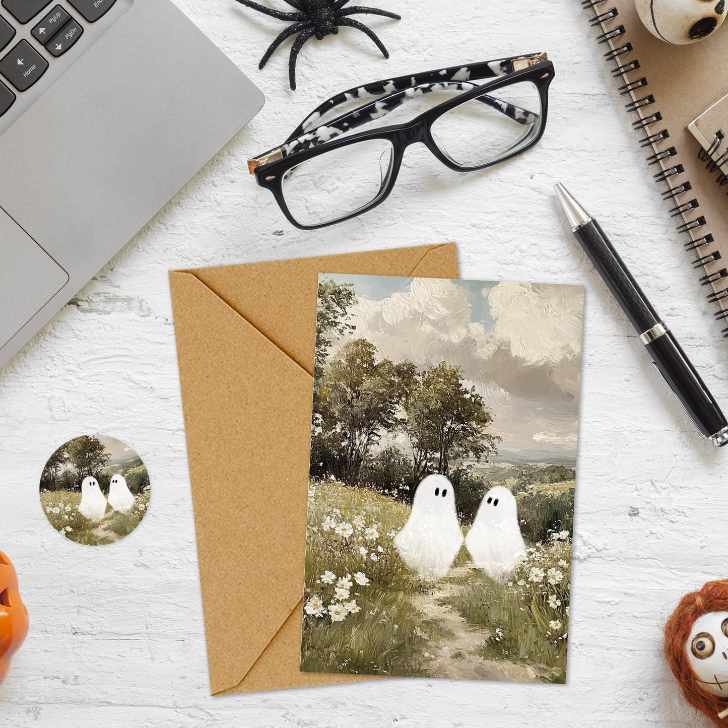 Whaline 36 Pack Halloween Cards Cute Ghost in Nature Greeting Cards with Envelopes Stickers Glue Stick Blank Note Card for Party Invitations, 4 x 6 Inch
