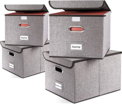 PRANDOM File Organizer Box - Set of 4 Collapsible Decorative Linen Filing Storage Hanging File Folders with Lids Office Cabinet Letter Size (15x12.2x10.75 inch)