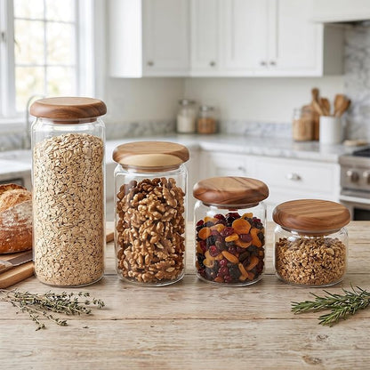 4-Pack Wide Mouth Mason Jars with Measuring Spoons, Acacia Wood Lids & Press Seal Design, No Plastic Parts, Dry Food Storage for Pantry, Spice & Kitchen Organization, 10/13/23/32 fl oz.