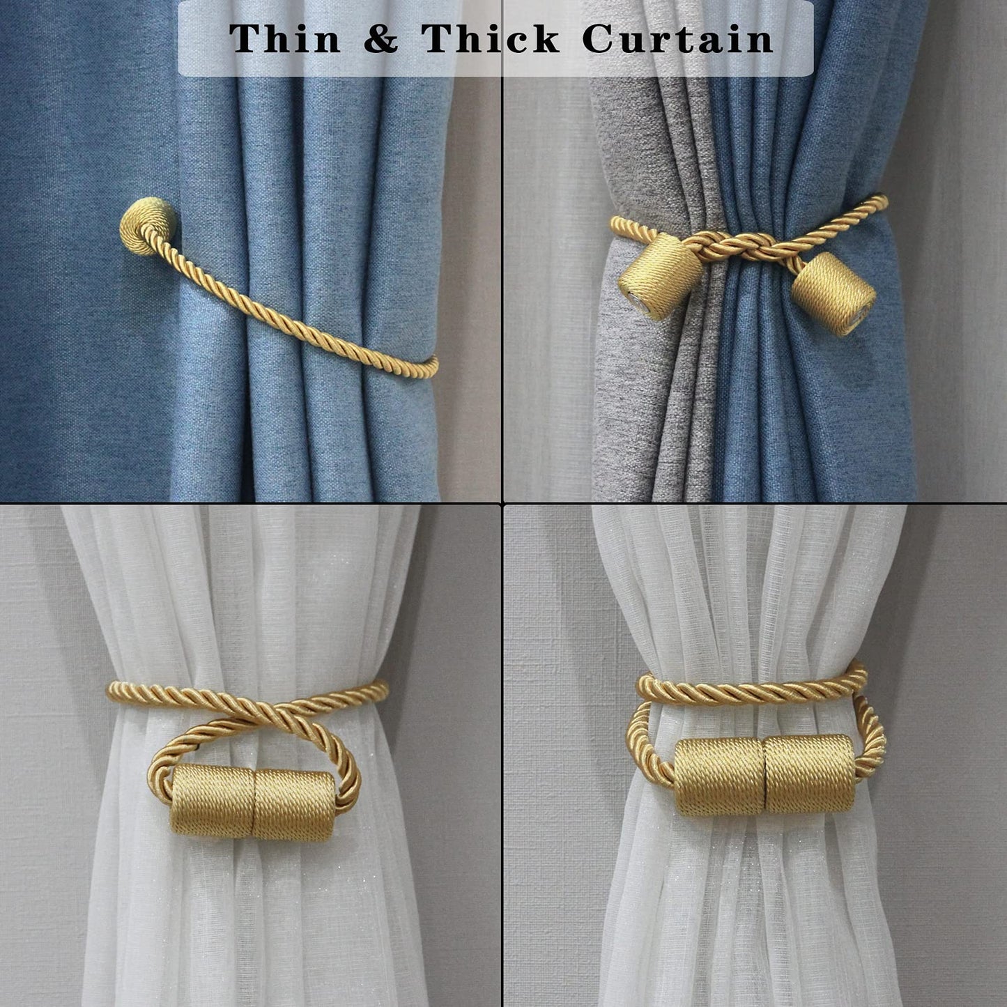 Porlau 6 Pack Gold Strong Magnetic Curtain Tiebacks Outdoor Elegant Decorative Tie Backs Modern Rope Tiebacks for Drapes Window Curtain Holdbacks for Draperies