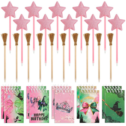 libfrnt 40 Pcs Princess and Witch Party Favors Include 10 Witch Broom Pencils 10 Pink Star Ballpoints 20 Mini Notebooks for Wizard Birthday Witch Halloween Party Supplies