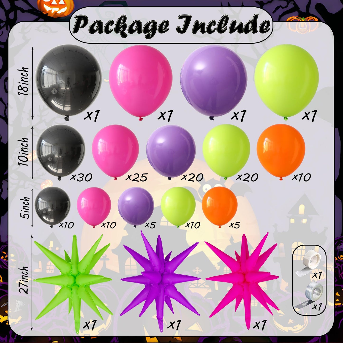 155Pcs Hot Pink Halloween Balloon Arch Garland Kit, Black Pink Purple Green Balloons Fluorescent Explosion Star Foil Balloons for Halloween Neon Glow in the Dark Birthday Party Decorations