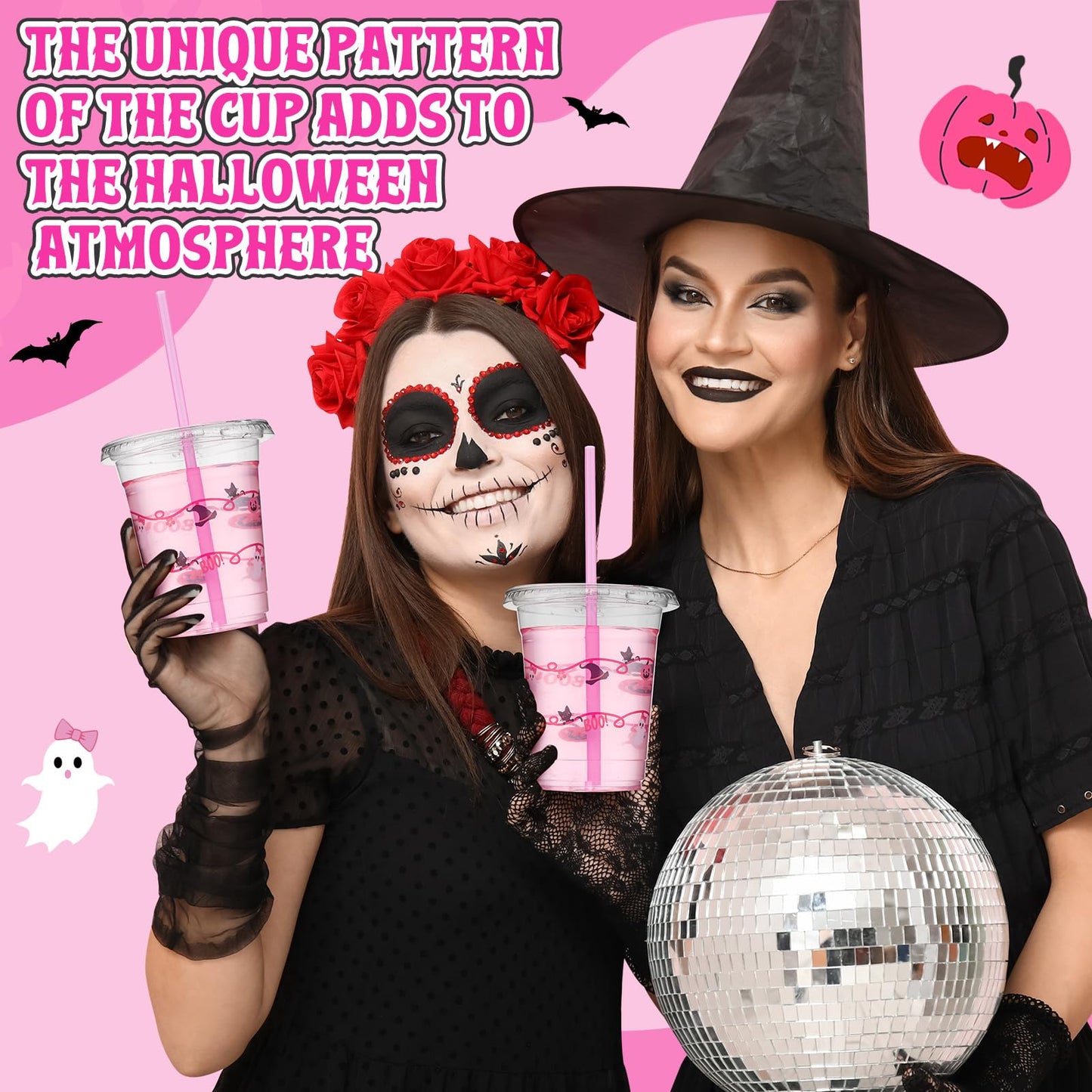 LemonRoad 50 Pcs 12oz Halloween Plastic Cups with Straws and Lids, Disposable Clear Party Cups Pumpkin Ghost Witch Drinking Set for Halloween Birthday Party Favors Supplies (Pink,Novel Style)