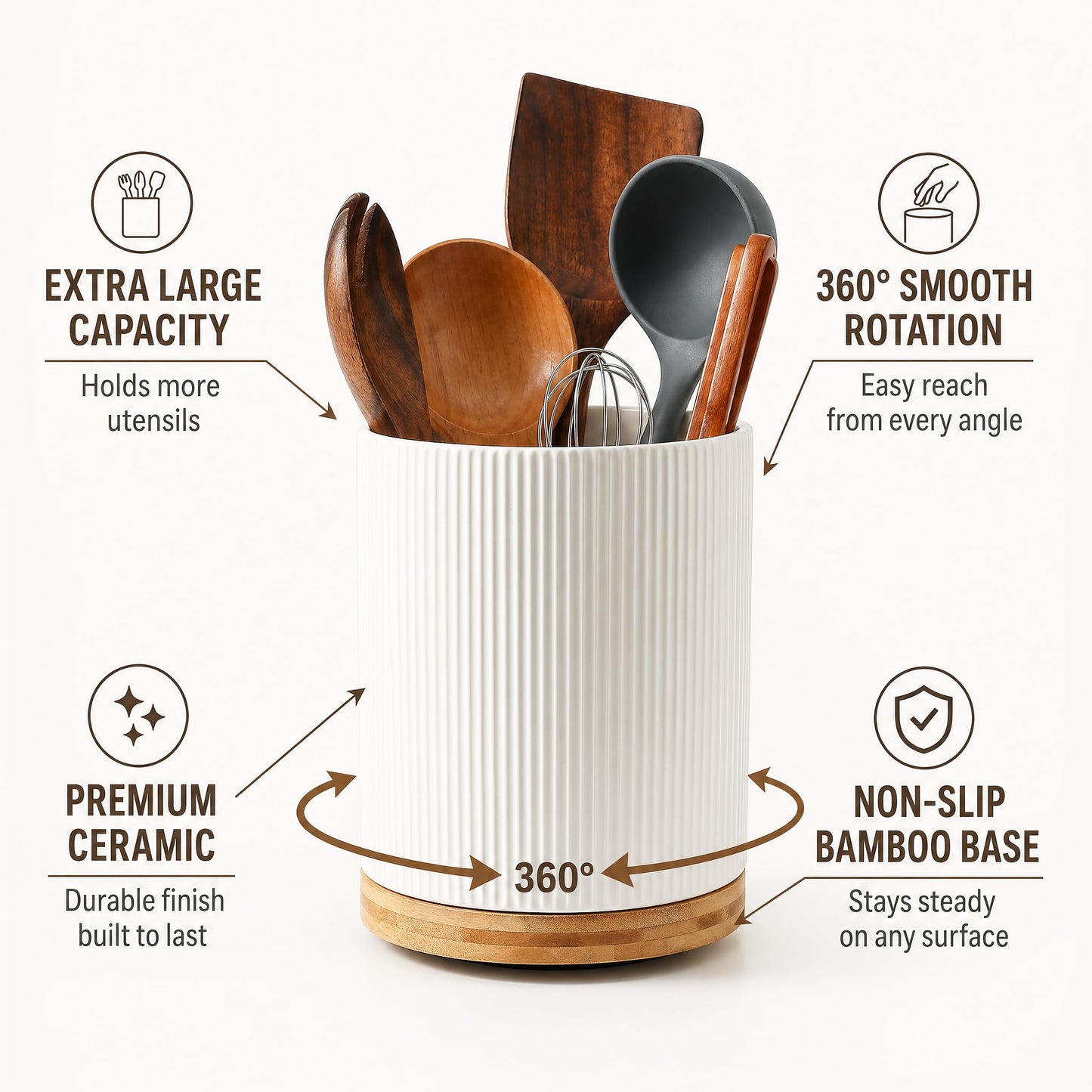 KSENDALO Large 360° Rotating Utensil Holder, Cream Milk White 7.76" Kitchen Crock for Cooking Utensils, Durable Countertop Storage for Home Kitchen