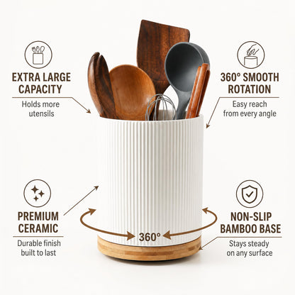 KSENDALO Large 360° Rotating Utensil Holder, Cream Milk White 7.76" Kitchen Crock for Cooking Utensils, Durable Countertop Storage for Home Kitchen
