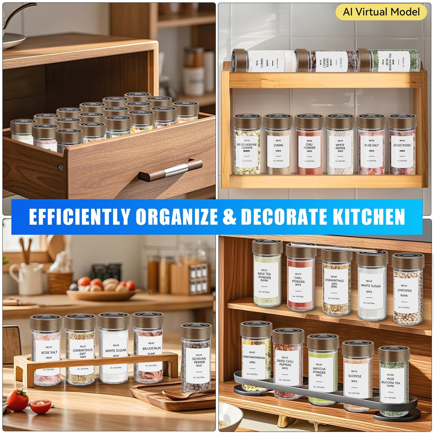 VIBRATITE 30 Pack Spice Jars with Acacia Lids, 4 oz Round Glass Jars Spice Containers Set with Labels, Pen, Funnel, Seasoning Storage Bottles with Shaker Lids for Rack, Cabinet, Drawer