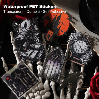 Moriquill 90PCS Gothic PET Stickers Set – Waterproof Die-Cut Stickers with Vampire Castles Clocks Tarot Potions for Scrapbook Journal DIY Cards Planners Halloween Crafts