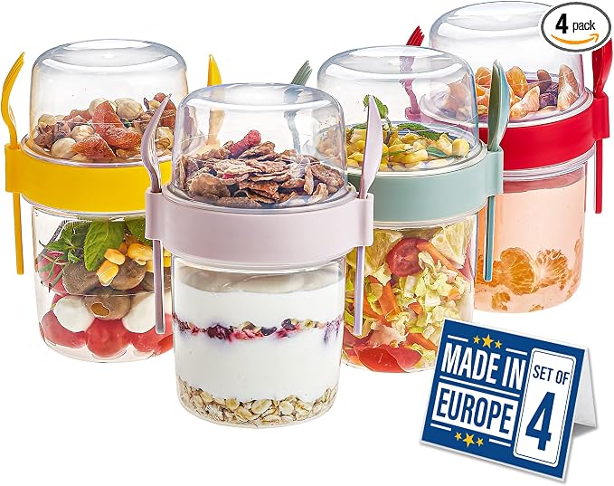 Crystalia 4 Pack 22 oz On The Go Yogurt Parfait Cups with Lids & Spoon, Large Breakfast Plastic Bowls with Topping Cereal Oatmeal Salad or Fruit Container for Snack Box