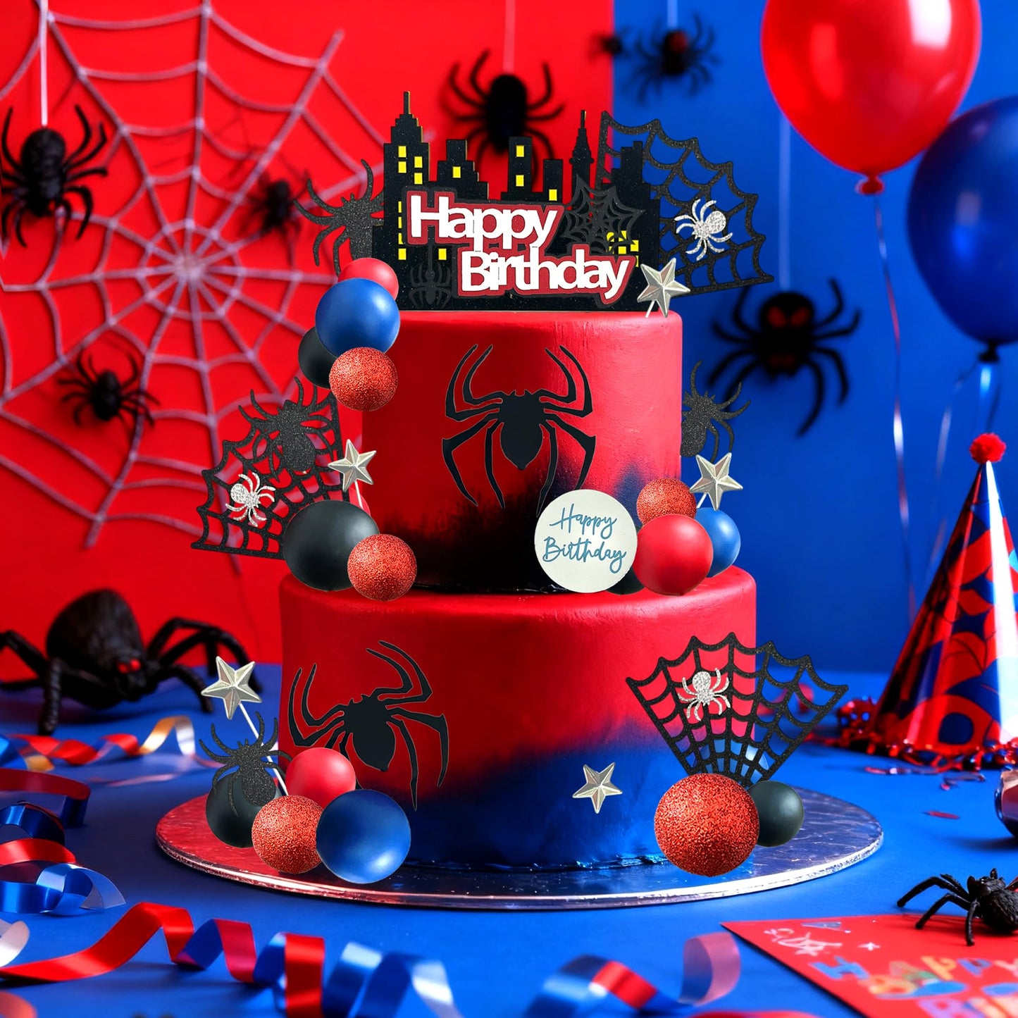 Tyotrbs 44PCS Spider Cake Topper Spider Web Cake Decoration Spiders Theme Cake Decor Happy Birthday Toppers Stars Red Blue Balls Cupcake Topper for Boys Men Baby Shower Hero Party Supplies