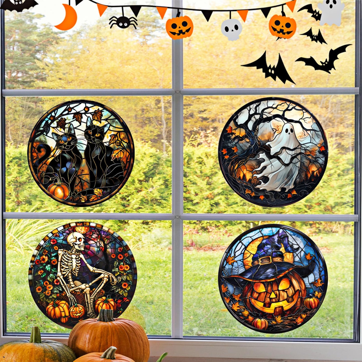 WBQMUNY 4 Styles Halloween Window Stickers,Black Cat Bat Pumpkin Witch Window Clings Decals for Halloween Party Decoration Glass Window Indoor and Outdoor Home Decor (SMJD058)
