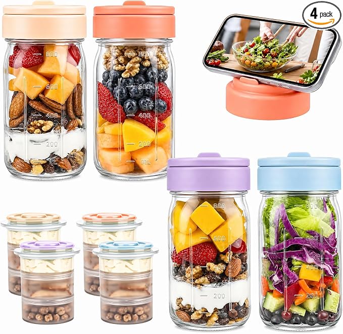 TQRR 32 OZ 4 Pack Overnight Oats Containers with Lids, Glass Storage Jar with Dry and Wet Separation, Leakproof Wide Mouth Mason Jars, Glass Jars with a Handle for Salads,Yogurt (4, Multicolor)