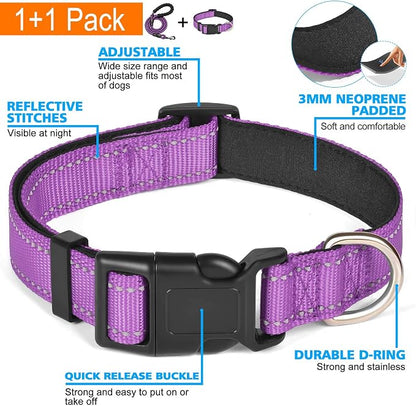 Ladoogo Reflective Dog Collar Padded with Soft Neoprene Breathable Adjustable Nylon Dog Collars for Small Medium Large Dogs (Large (Pack of 1), Purple Collar+Leash)