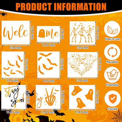 Frienda 9 Pcs Halloween Stencils for Door Mats Crafts Reusable Bat Skeleton Ghost Welcome Templates Large Spooky Stencil for Drawing DIY Painting on Wood Floor Doormat Crafts