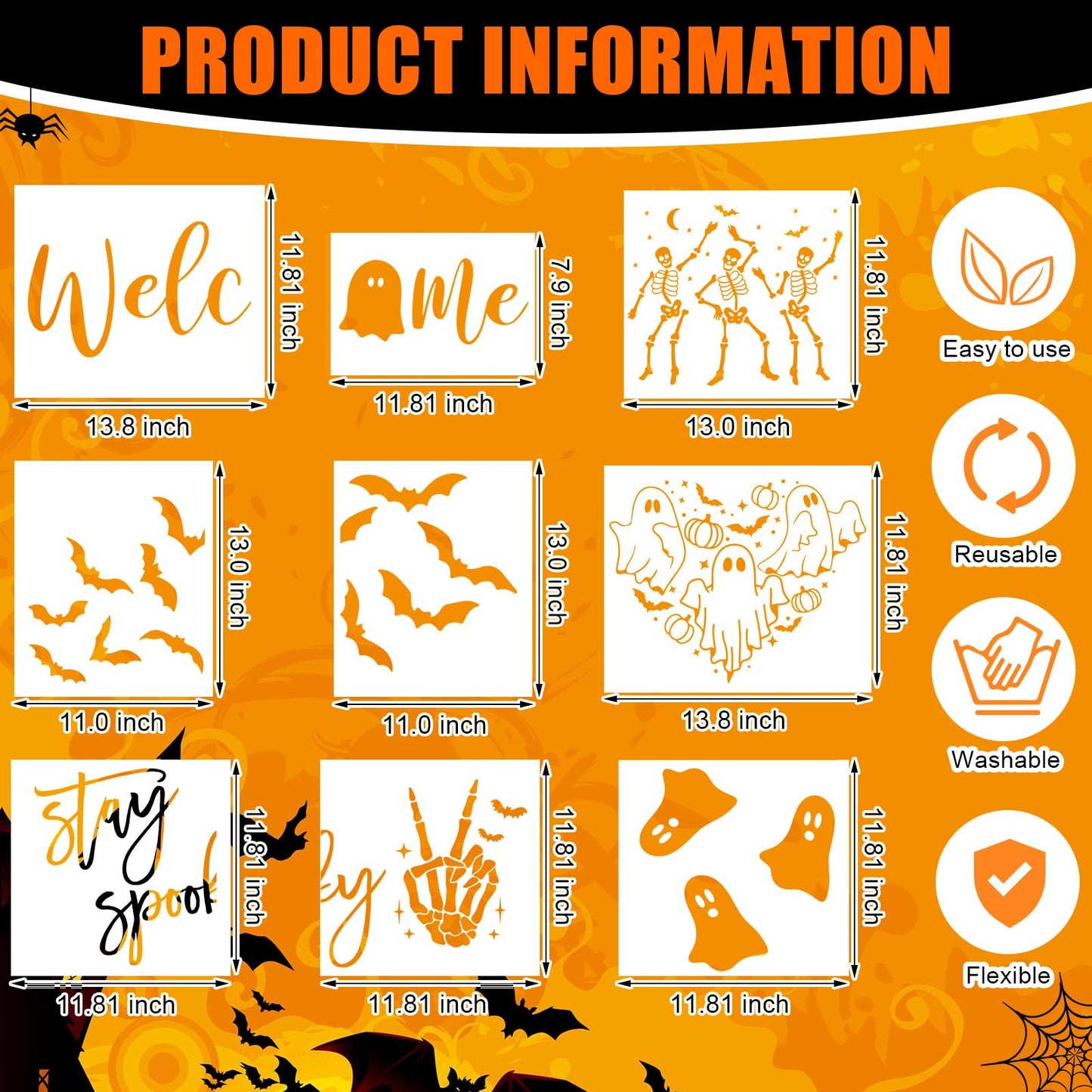 Frienda 9 Pcs Halloween Stencils for Door Mats Crafts Reusable Bat Skeleton Ghost Welcome Templates Large Spooky Stencil for Drawing DIY Painting on Wood Floor Doormat Crafts