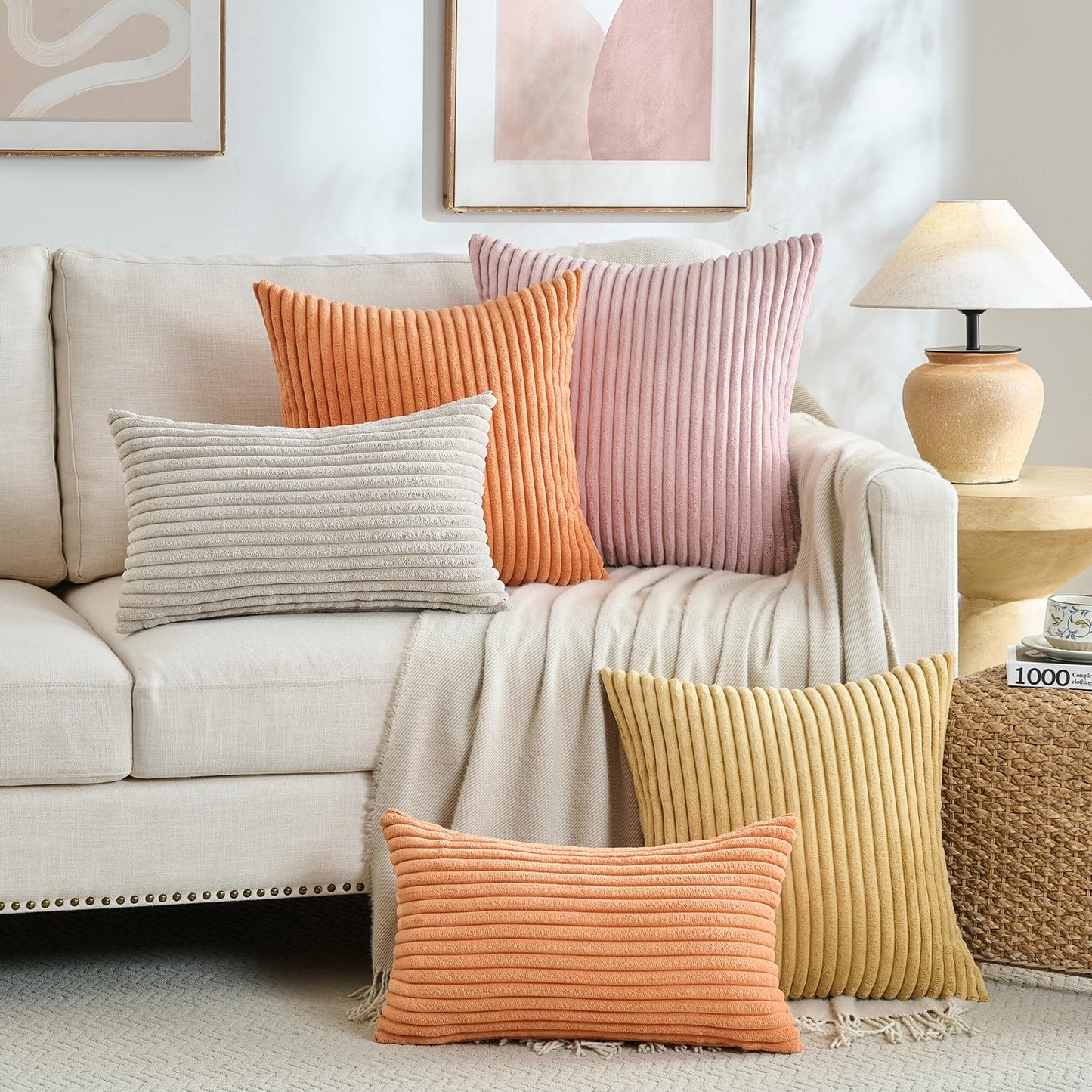 Fancy Homi Set of 2 Orange Fall Lumbar Rectangle Throw Pillow Covers 12x20 Inch for Couch Bed Chair, Autumn Halloween Thanksgiving Gift, Soft Plush Thick Striped Corduroy Aesthetic Home Decor 30x50cm