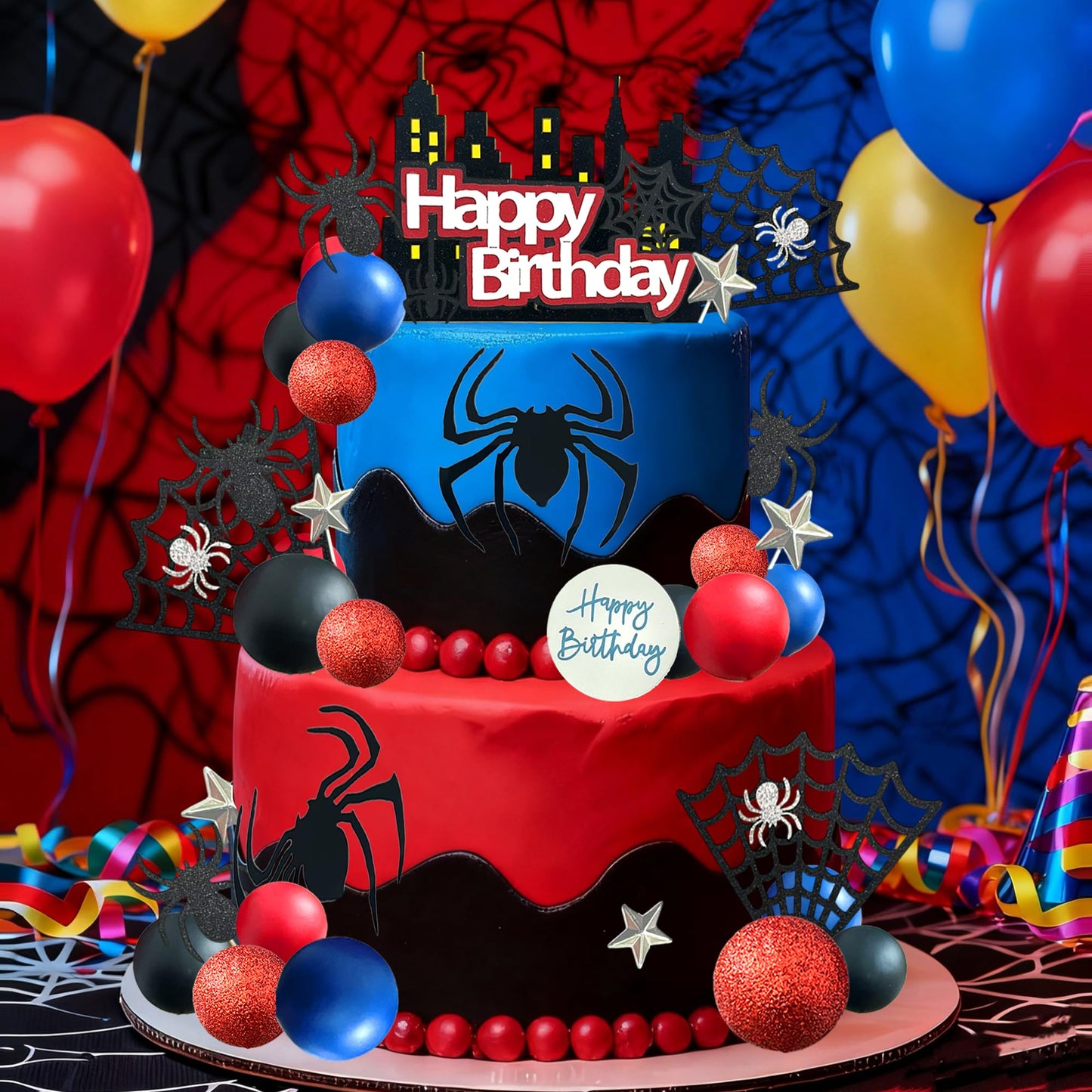 Tyotrbs 44PCS Spider Cake Topper Spider Web Cake Decoration Spiders Theme Cake Decor Happy Birthday Toppers Stars Red Blue Balls Cupcake Topper for Boys Men Baby Shower Hero Party Supplies
