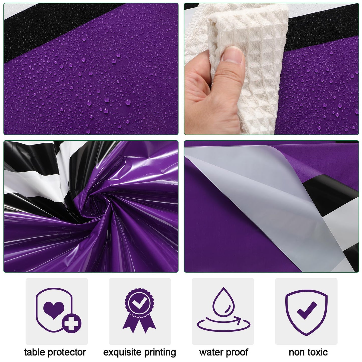 Oudain 6 Pcs Striped Tablecloth 108 x 54 Inch Disposable Plastic Table Cloth Waterproof Tablecloth Rectangle Table Cover for Halloween Birthday Wedding Bridal Party Supplies (Black White Purple)