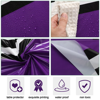Oudain 6 Pcs Striped Tablecloth 108 x 54 Inch Disposable Plastic Table Cloth Waterproof Tablecloth Rectangle Table Cover for Halloween Birthday Wedding Bridal Party Supplies (Black White Purple)