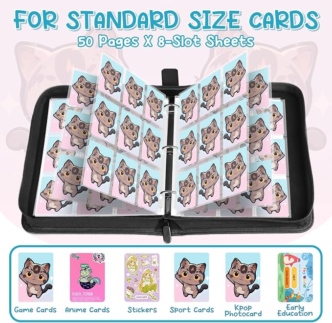 Premium 4 Pocket Trading Card Binder,400 Capacity with 50 Removable Sleeves | PU Leather Zipper Album Book for Sports Cards, Game | Card Storage & Organization for Girls Collector Pink Blue