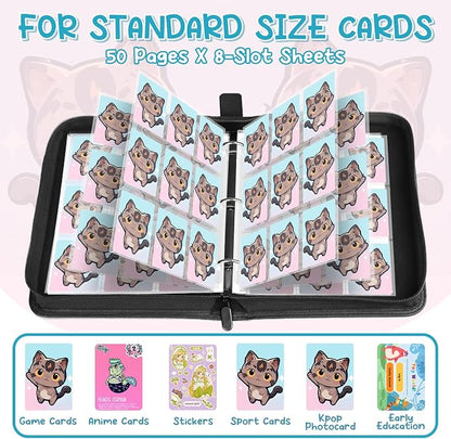 Premium 4 Pocket Trading Card Binder,400 Capacity with 50 Removable Sleeves | PU Leather Zipper Album Book for Sports Cards, Game | Card Storage & Organization for Girls Collector Pink Blue