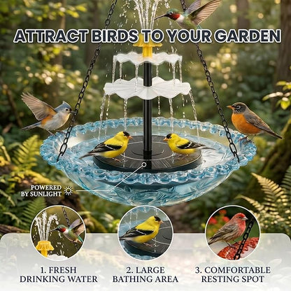 Solar Cascade Hanging Bird Bath Fountain, Solar Fountain Pump with 8 Nozzles, Hanging Bird Bath with Water for Outdoors Garden Patio Backyard Lawn Decor (Gray)