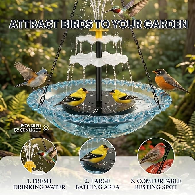 Solar Cascade Hanging Bird Bath Fountain, Solar Fountain Pump with 8 Nozzles, Hanging Bird Bath with Water for Outdoors Garden Patio Backyard Lawn Decor (Red)