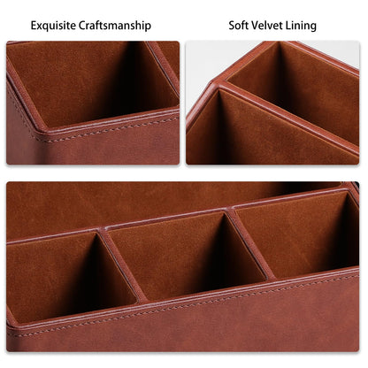 Cretkhp Desk Organizer Caddy with 5 Compartments for Office Art Supplies, PU Leather Nightstand Organizer Pencil Pen Desk Caddy for Home, Desktop TV Remote Control Holder Storage (Brown)