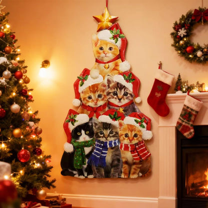 Cute cat Garden Insert, Christmas Art Decoration Yard Sign, Santa hat-Wearing Post, cat Stacking Fun Christmas Tree-Shaped pet Post, Outdoor Lawn Decoration