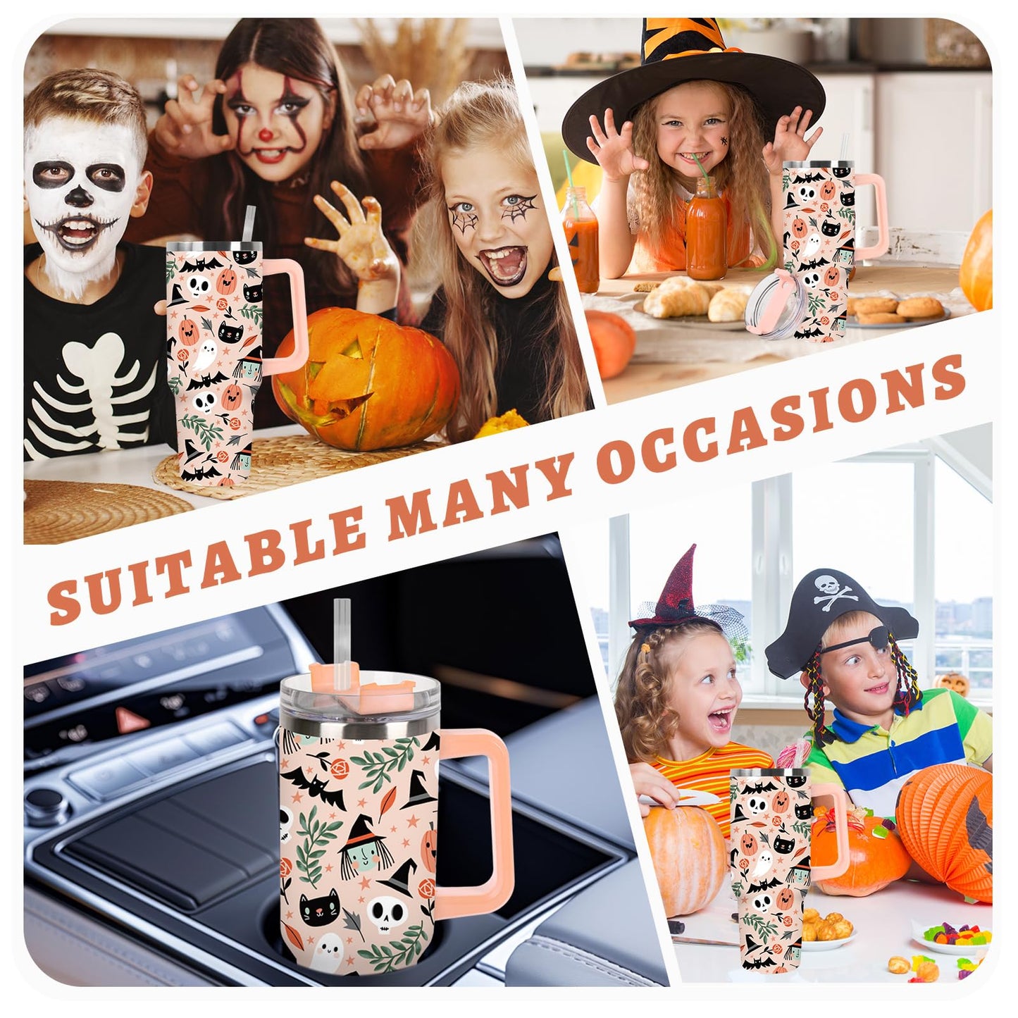JarThenaAMCS 40oz Halloween Tumbler with Handle Straw and Lid Spooky Skull Ghost Pumpkin Travel Tumbler Coffee Cup for Holiday Party Home Office