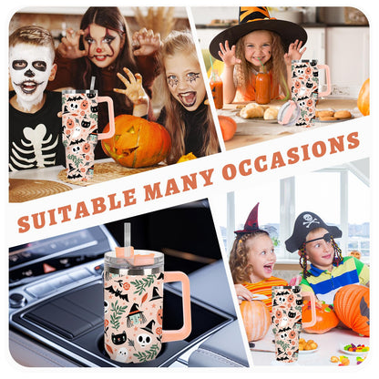 JarThenaAMCS 40oz Halloween Tumbler with Handle Straw and Lid Spooky Skull Ghost Pumpkin Travel Tumbler Coffee Cup for Holiday Party Home Office