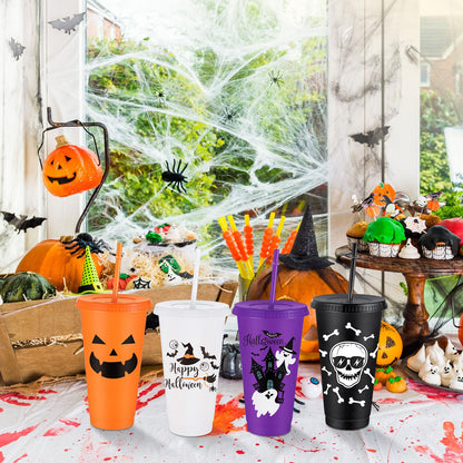 Umigy 24 Pcs Halloween Plastic Cups with Lids and Straws 4 Styles Pumpkin Ghost Skull Bat Tumblers Reusable Halloween Party Cups for Kids Adults Birthday Party Favors Supplies