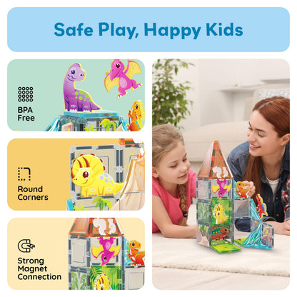 PicassoTiles Magnet Tiles Building Blocks Dinosaur Theme Set with 8 Magnetized Action Figures Magnetic Construction Build and Play Toy with Magnets STEM Learning Activities for Toddlers 3+ PTQ13