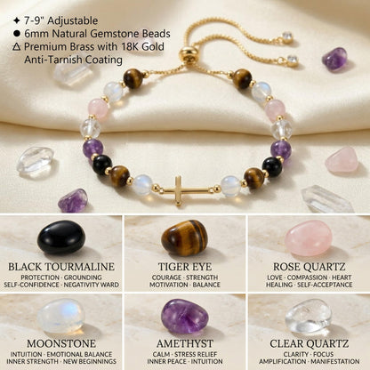 Aghfacy Daughter Gifts from Mom Cross Bracelet Natural Gemstone Crystal Bracelet Gold Cross Charm Christian Gifts for Daughter Birthday Adult Adjustable with Message Card