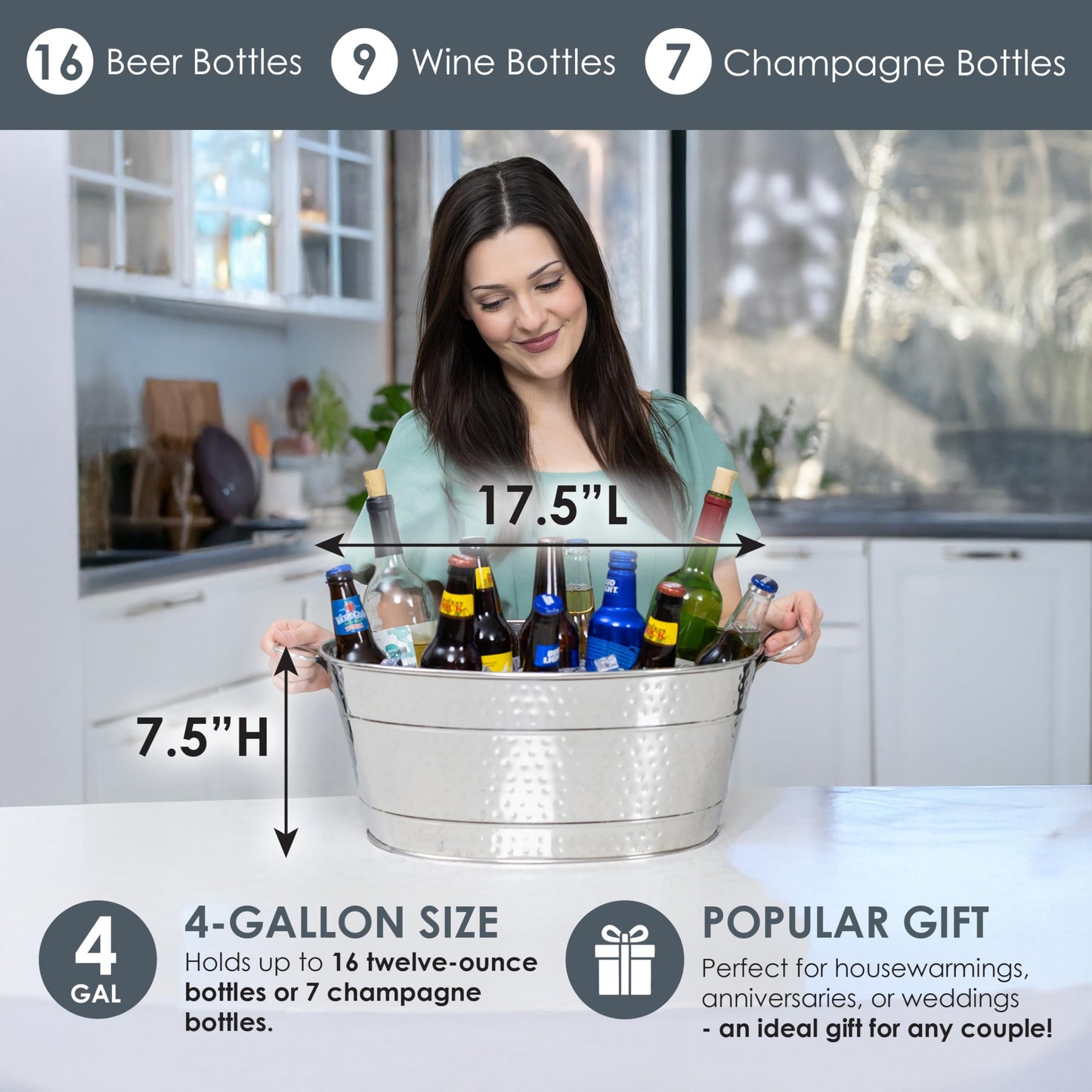 BREKX Stainless Steel Beverage Tub, 15 Quarts (4 Gallon), Rust-Proof, Oval, Multi-Use, Champagne Bucket for Mimosa Bar Supplies, Wine Cooler Bucket, Built for Years of Celebrations