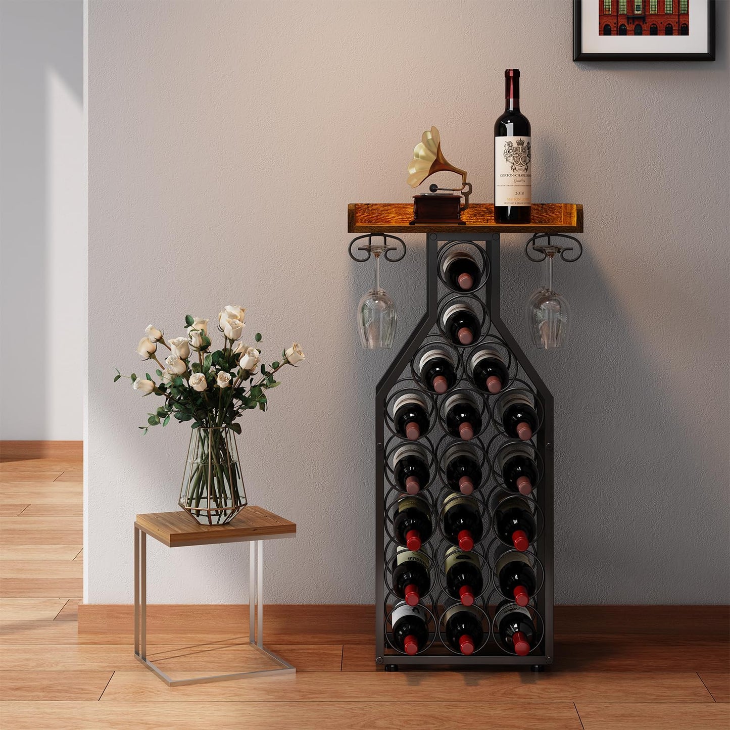 X-cosrack Wine Rack Freestanding Floor, Wine Storage Rack Mini Bar Table with Tabletop, Glass Holder Wine Bottle Display Stand Liquor Cabinet for Home Bar Kitchen Living Room