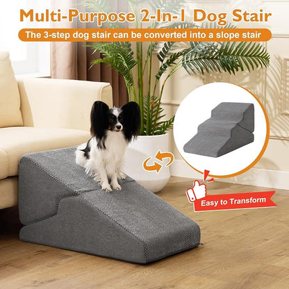 Dog Stairs for Small Dogs 16’’ H, 3-Step Dog Steps for Bed, Foldable Pet Stairs and Ramp for Dogs and Cats to Get on Beds, Couch, Non-Slip Balanced Pet Steps with Waterproof Cover, Grey