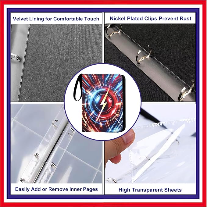 Card Binder 4 Pocket, 3 Ring Binder Holds 400 Cards for Card Collectors, Water-Resistant PU Cover with Zipper Closure for TCG, MTG & Sports Cards