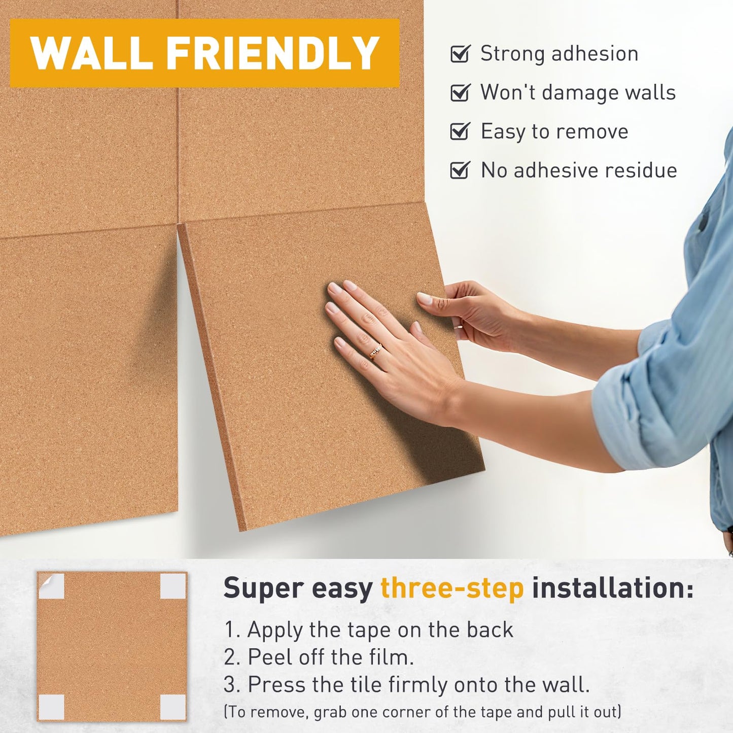 QUEENLINK Cork Board for Wall, 36"x24", 6-Pack Cork Tiles with Removable Adhesive Tabs, Square Bulletin Board Pin Board Tack Board for Home Office Classroom, 60 Push Pins